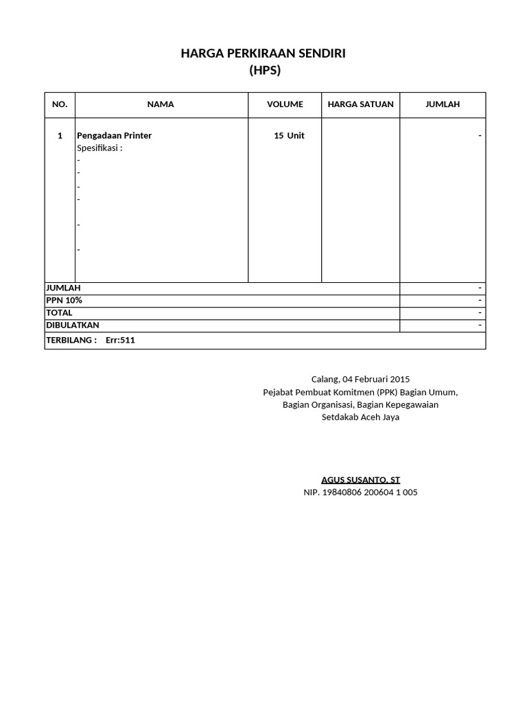 Contoh HPS Pengadaan Printer | PDF