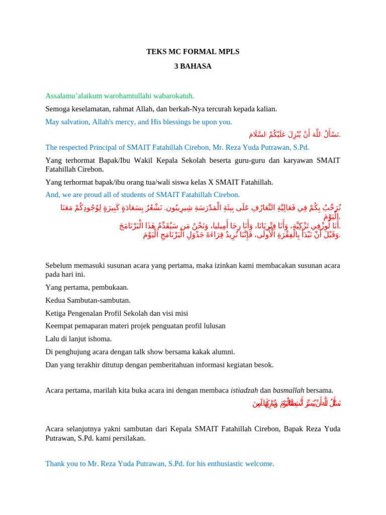 Teks MC Formal MPLS 3 Bahasa | PDF