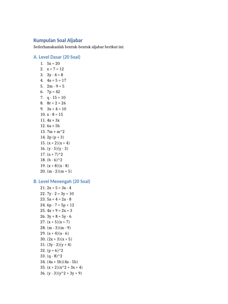 Soal Aljabar: Dasar hingga Tantangan | PDF