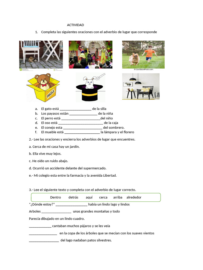 Adverbios de Lugar: Ejercicios y Actividades | PDF