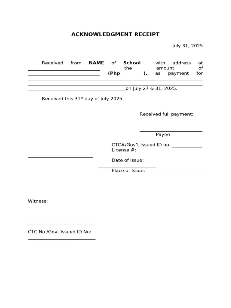 Acknowledgment Receipt Template | PDF