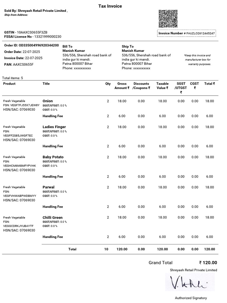 Invoice for Fresh Vegetables Purchase | PDF | Taxation | Government ...
