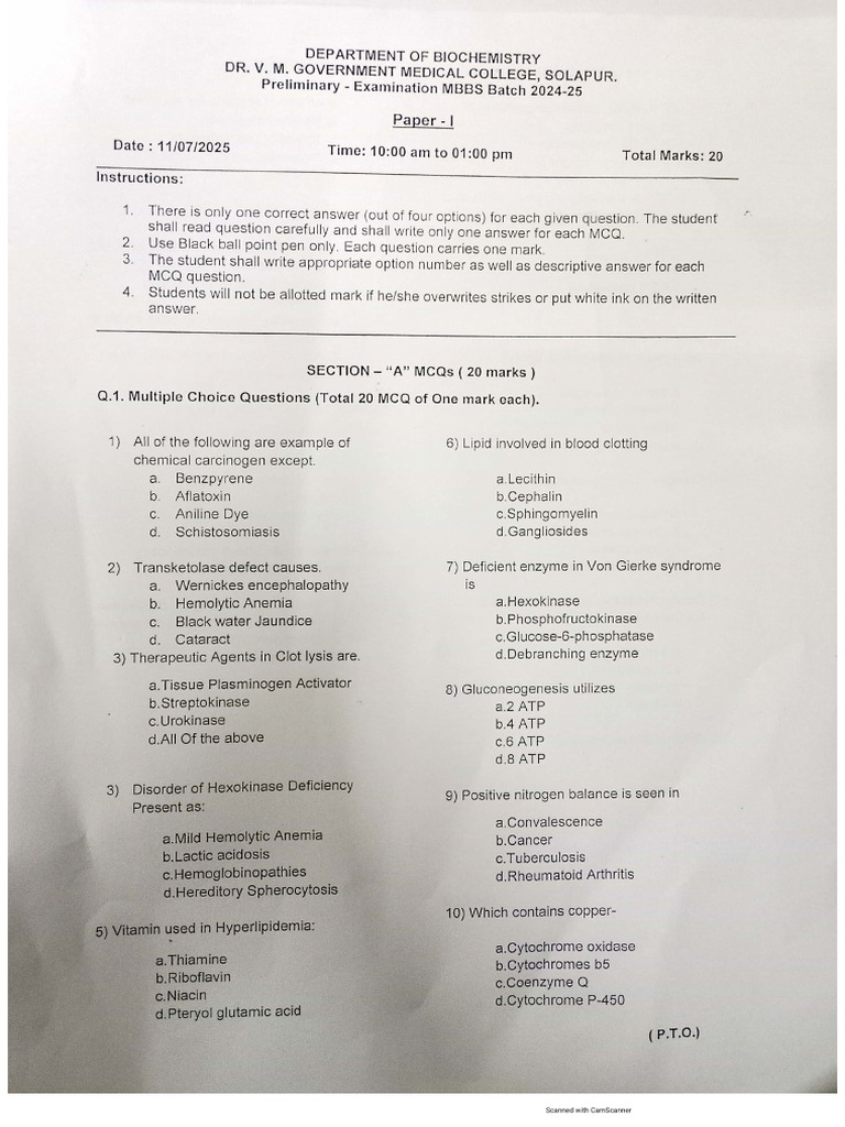 Biochemistry Paper - 1 (Prelims) | PDF