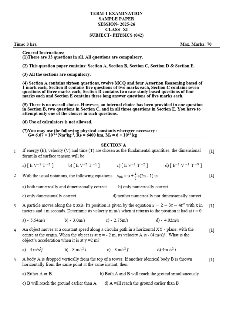 Class XI Physics Term-1 Exam Sample Paper | PDF | Acceleration | Momentum