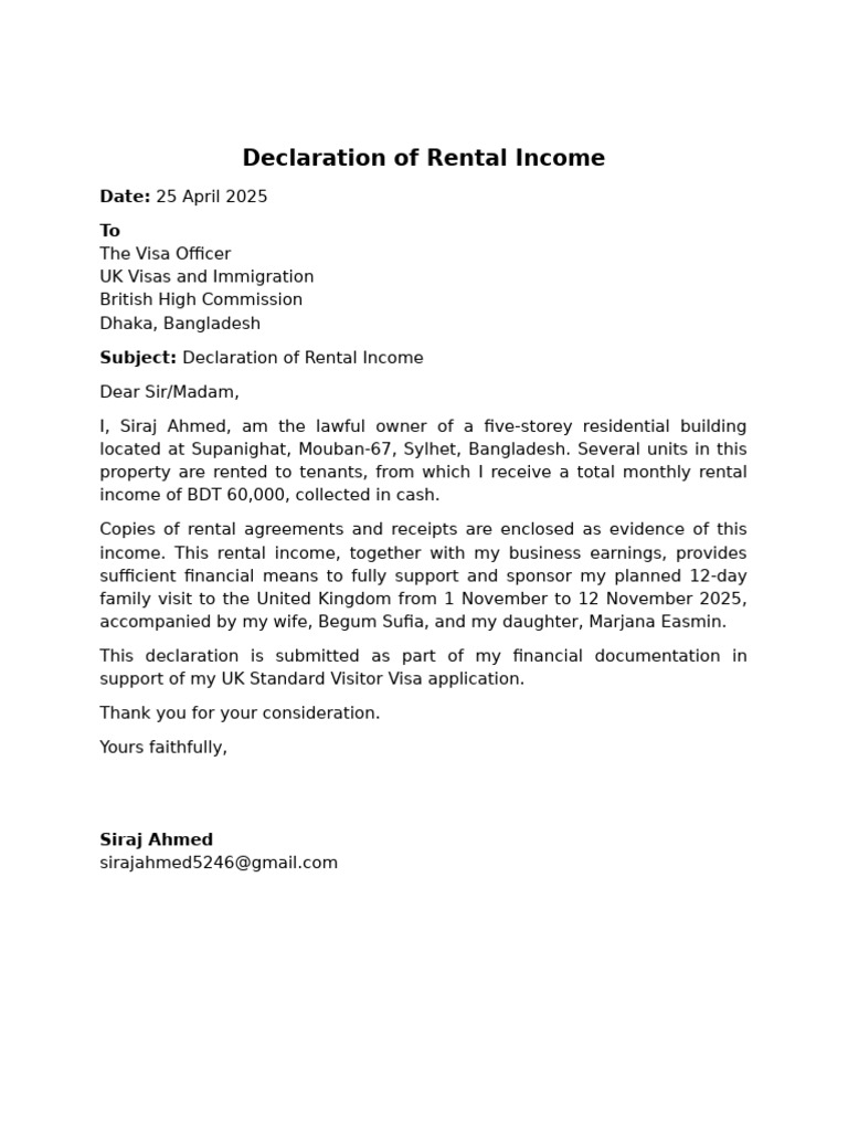 Rental Income Declaration for Visa Application | PDF
