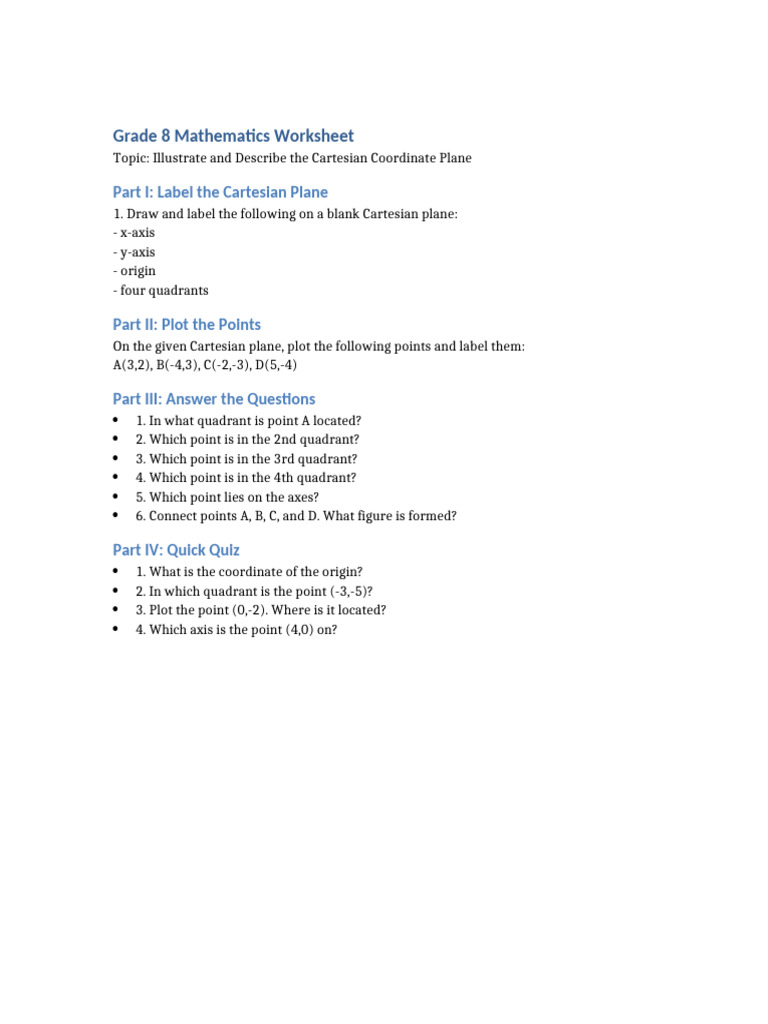 Grade 8 Cartesian Plane Worksheet | PDF