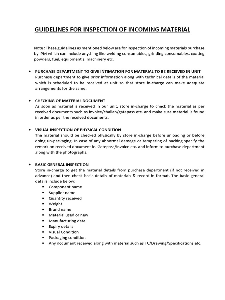 Guidelines For Incoming Material Inspection | PDF