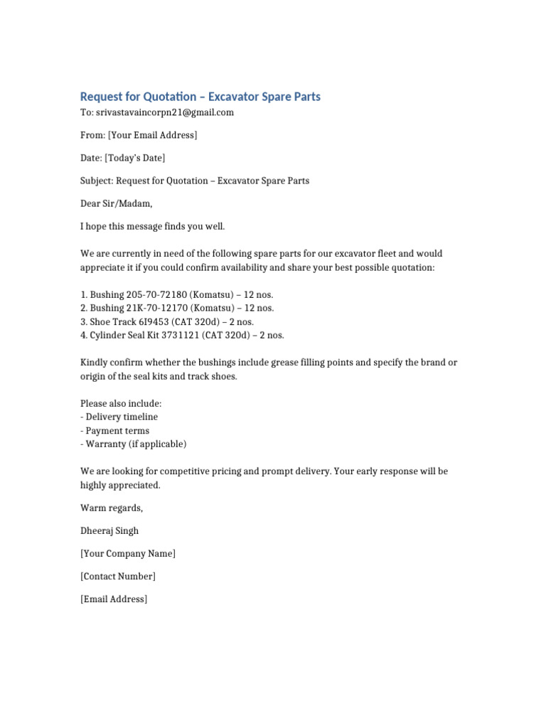 Excavator Spares RFQ Template | PDF
