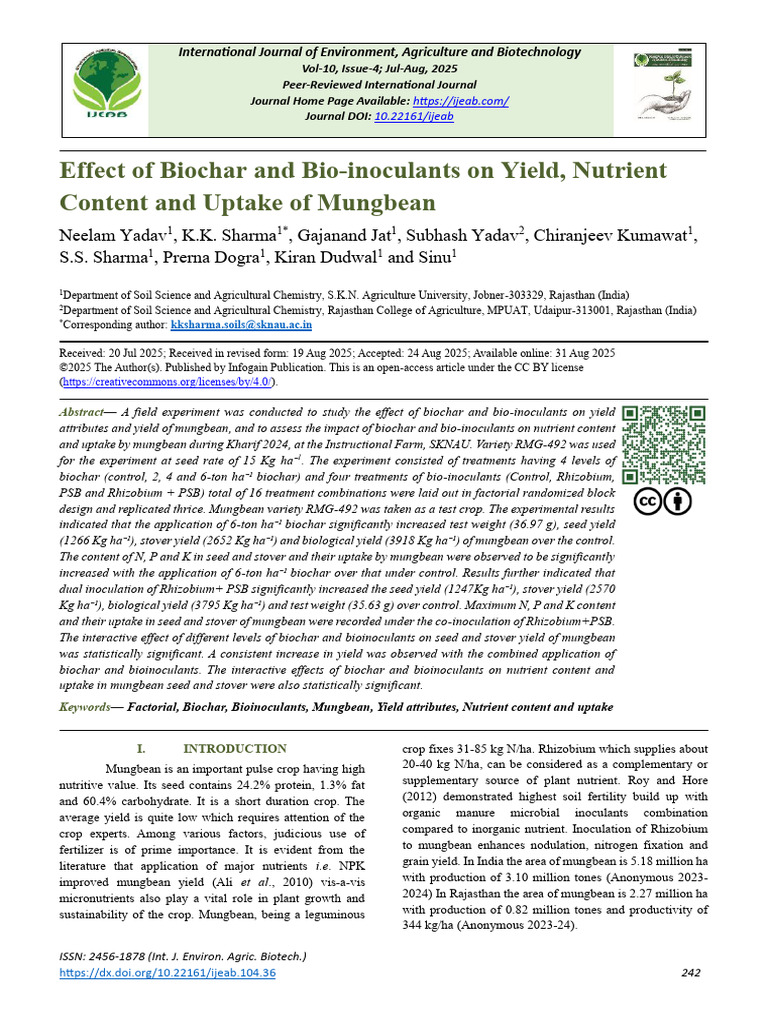 Effect of Biochar and Bio-Inoculants On Yield, Nutrient Content and ...