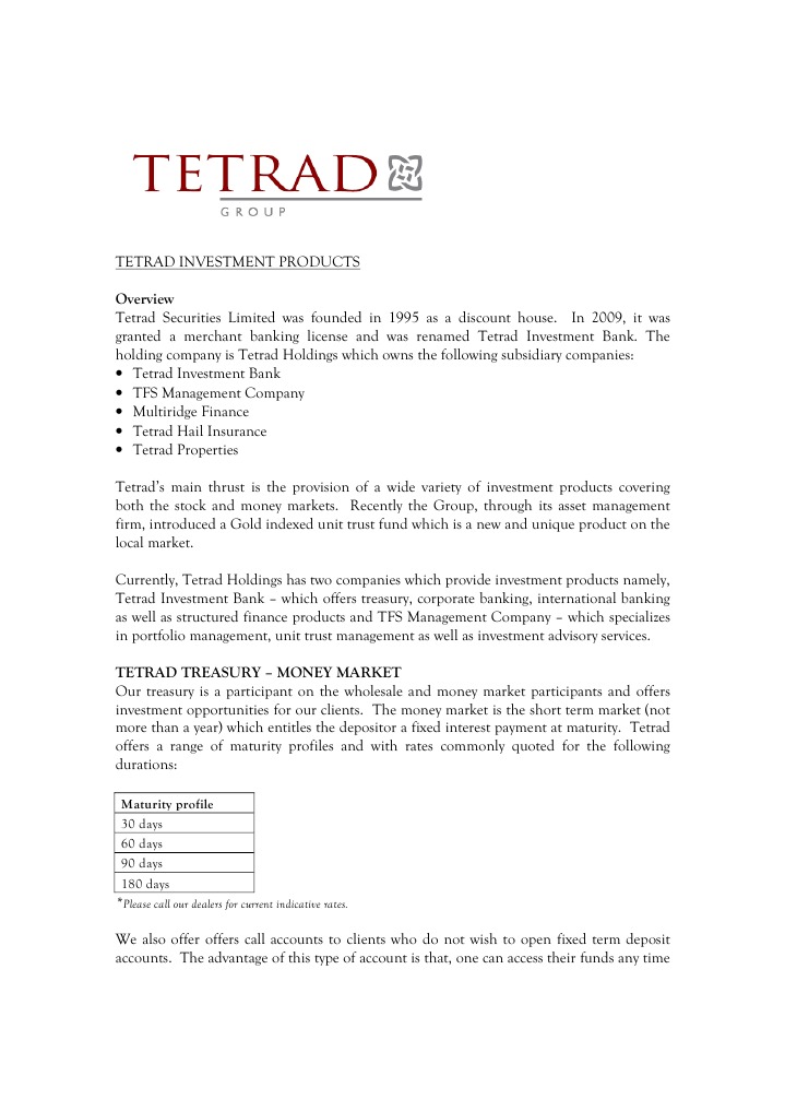 Tetrad Investment Products PDF Investment Management Investing