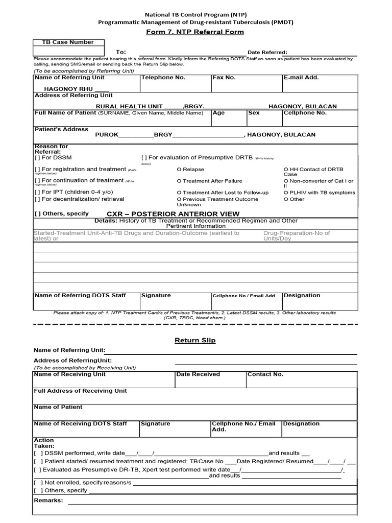 NTP Form 7: Referral for TB Evaluation | PDF | Tuberculosis | Clinical ...