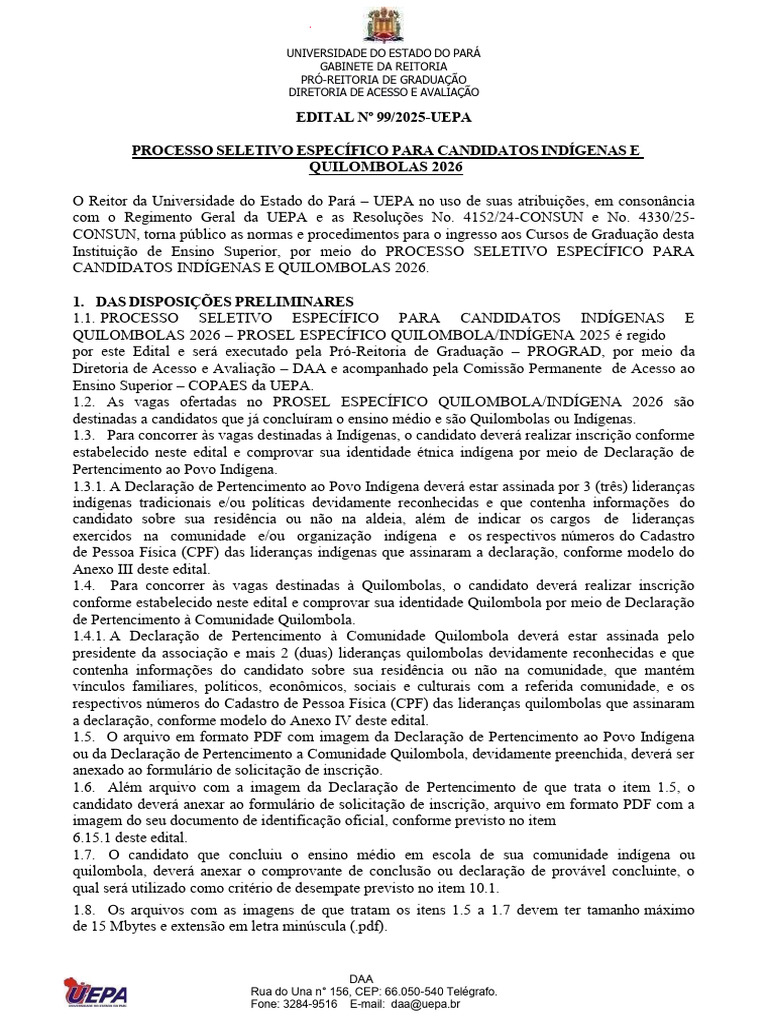 Processo Seletivo UEPA 2026: Indígenas e Quilombolas | PDF