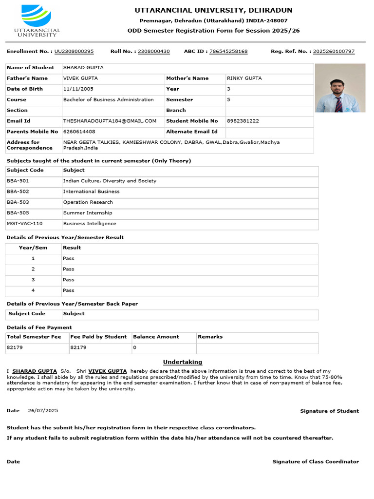 BBA ODD Semester Registration Form 2025 | PDF