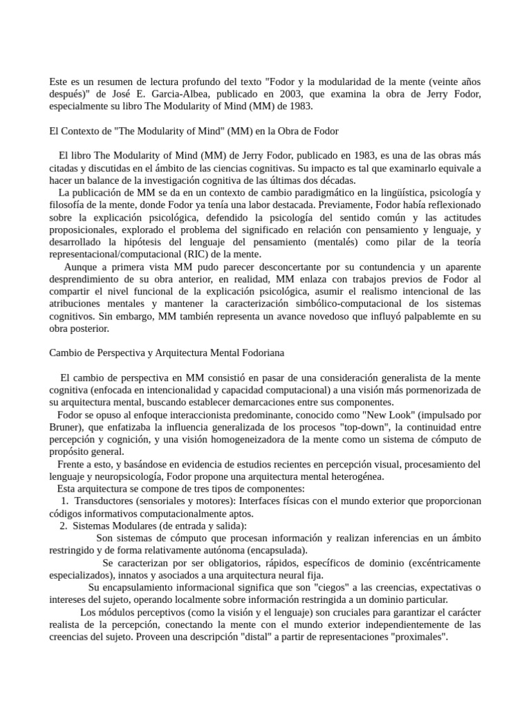 Fodor y La Modularidad de La Mente (Veinte Años Después) | PDF | Mente ...