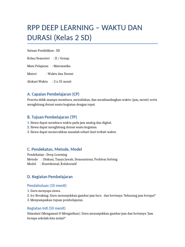 RPP Deep Learning Matematika Kelas 2 SD | PDF