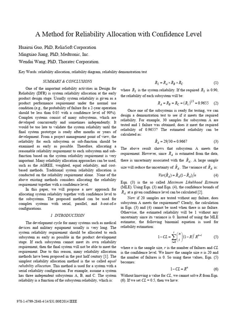 Reliability Allocation with Confidence Level | PDF | Reliability ...