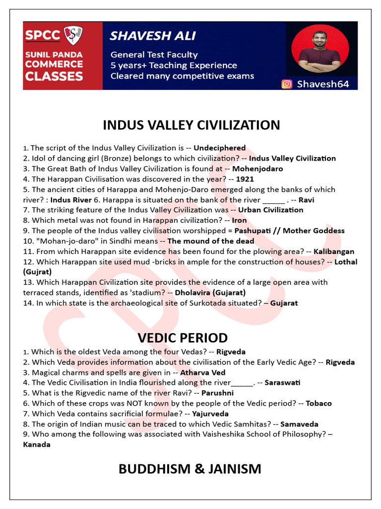 (SPCC) Ancient History One Liner | PDF | Ashoka | Indian Religions