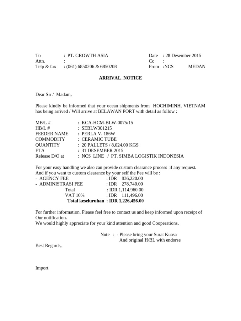 Arrival Notice for Ceramic Tubes Shipment | PDF
