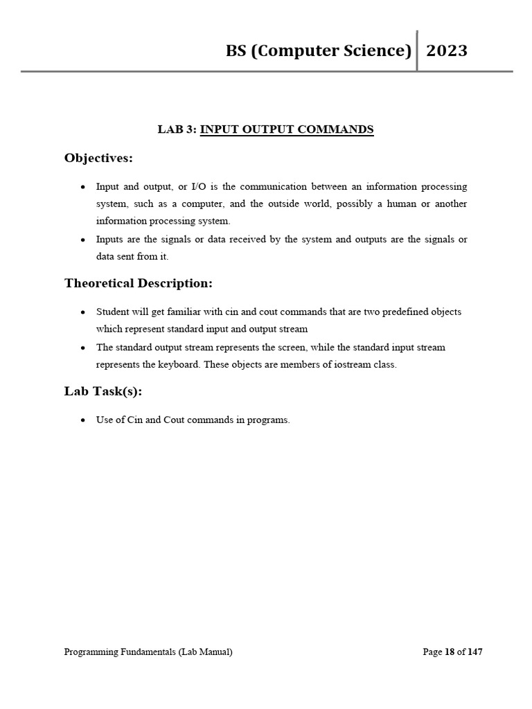 C++ I/O Commands Lab Manual | PDF | Integer (Computer Science) | Input ...