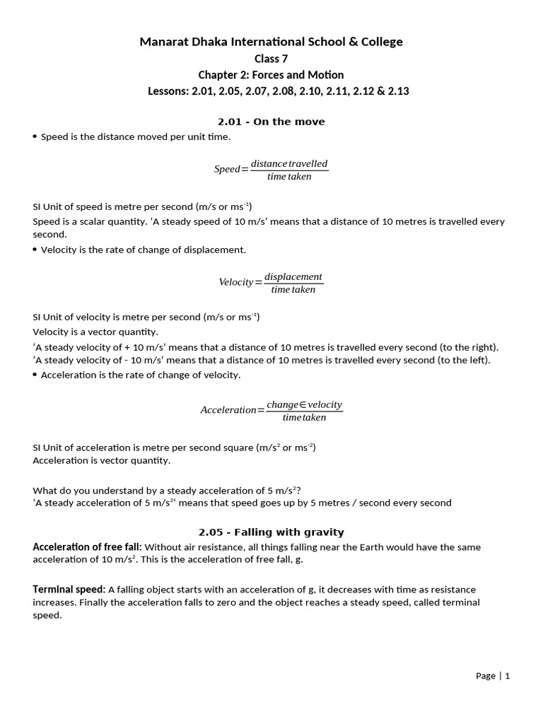 Forces and Motion for Class 7 Students | PDF | Force | Acceleration