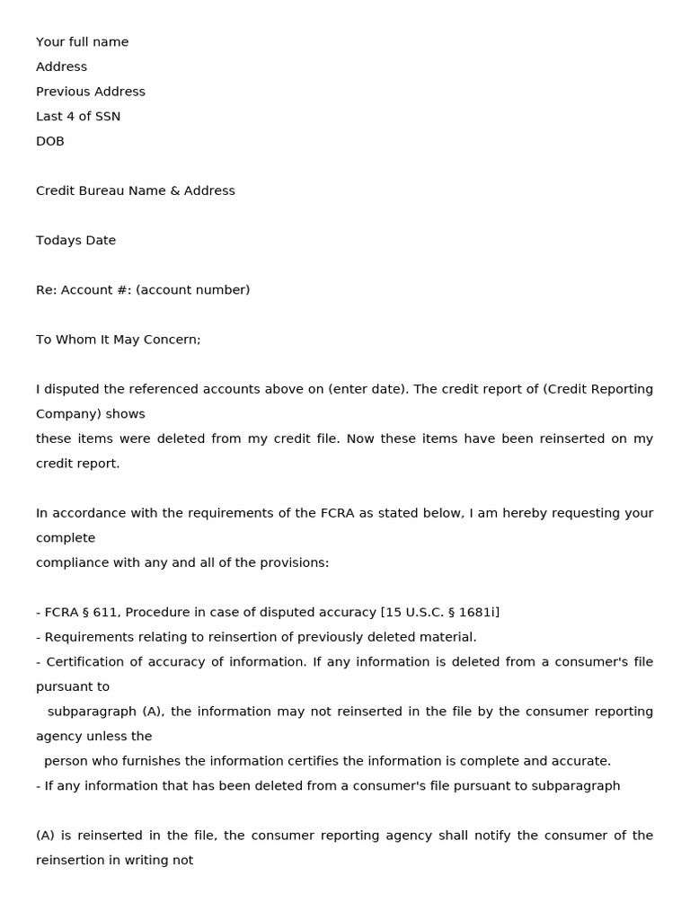 Reinsertion Dispute Letter Duplicate | PDF
