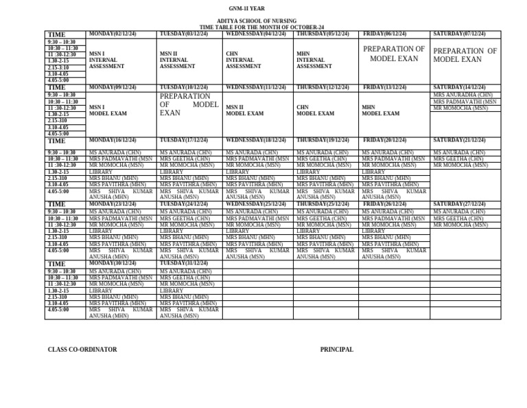 October 2024 Nursing Class Timetable | PDF