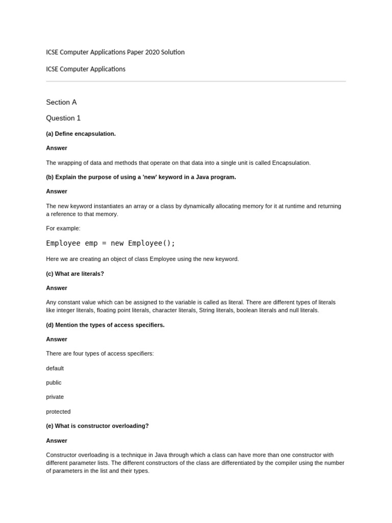 ICSE Computer Applications Paper 2020 Solution | PDF | Constructor ...