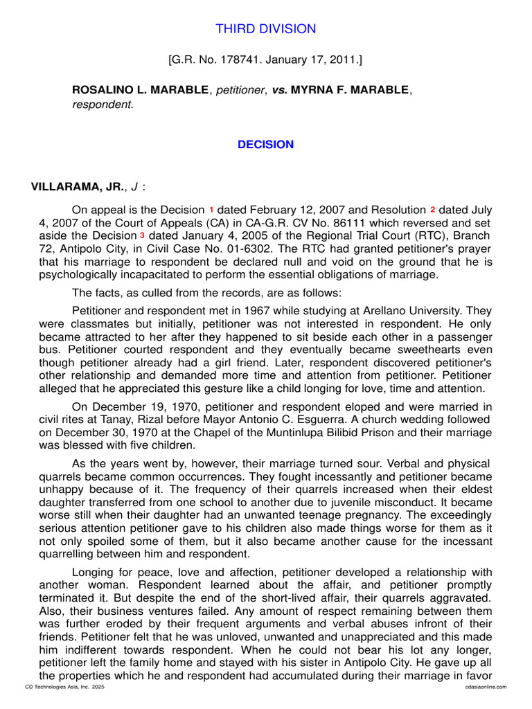 Marriage Nullity Case: Marable vs. Marable | PDF | Annulment | Mental ...