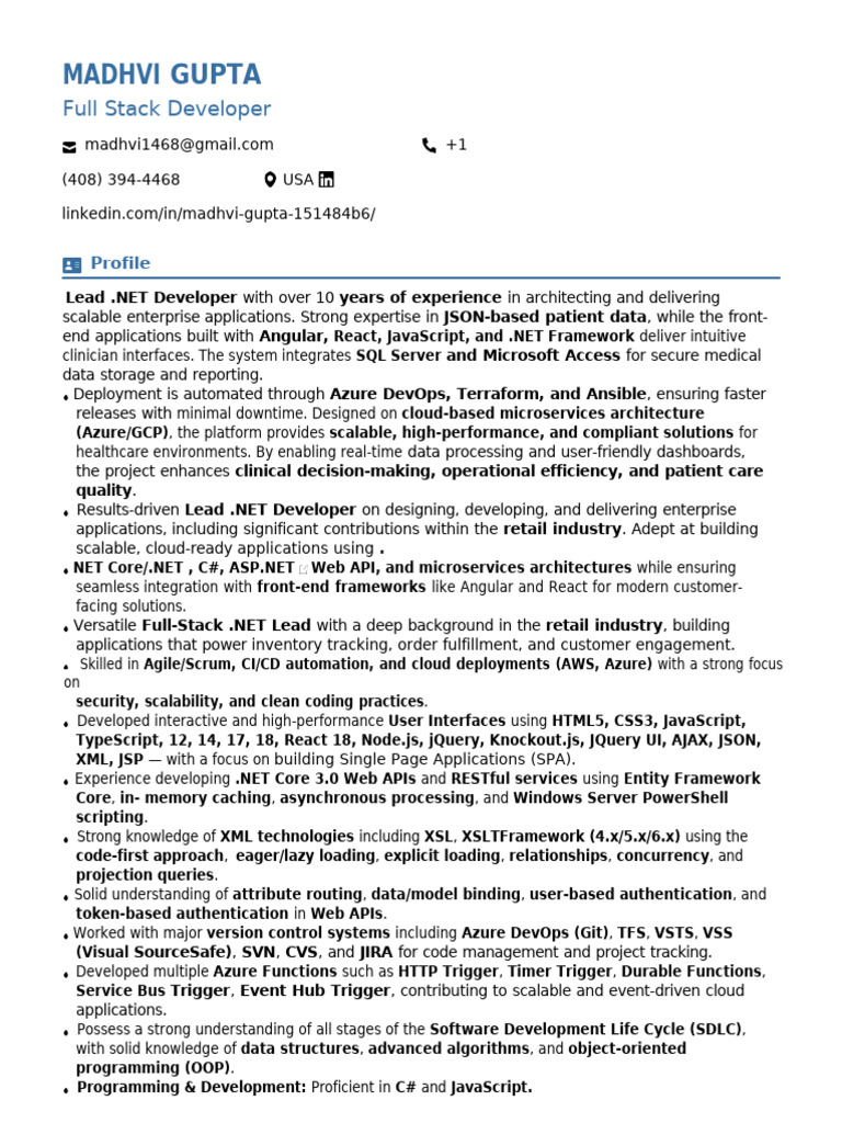Lead .NET Developer Profile Summary | PDF | Microsoft Sql Server ...