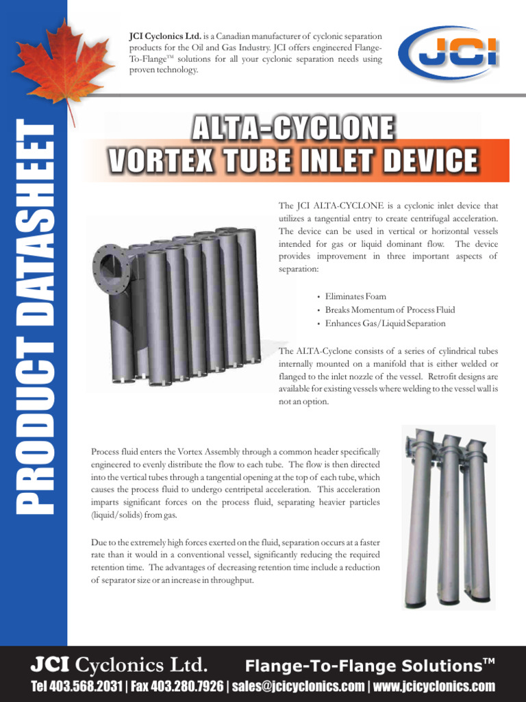 JCI Cyclonics Datasheet - Alta Cyclone Inlet Device | PDF | Continuum ...