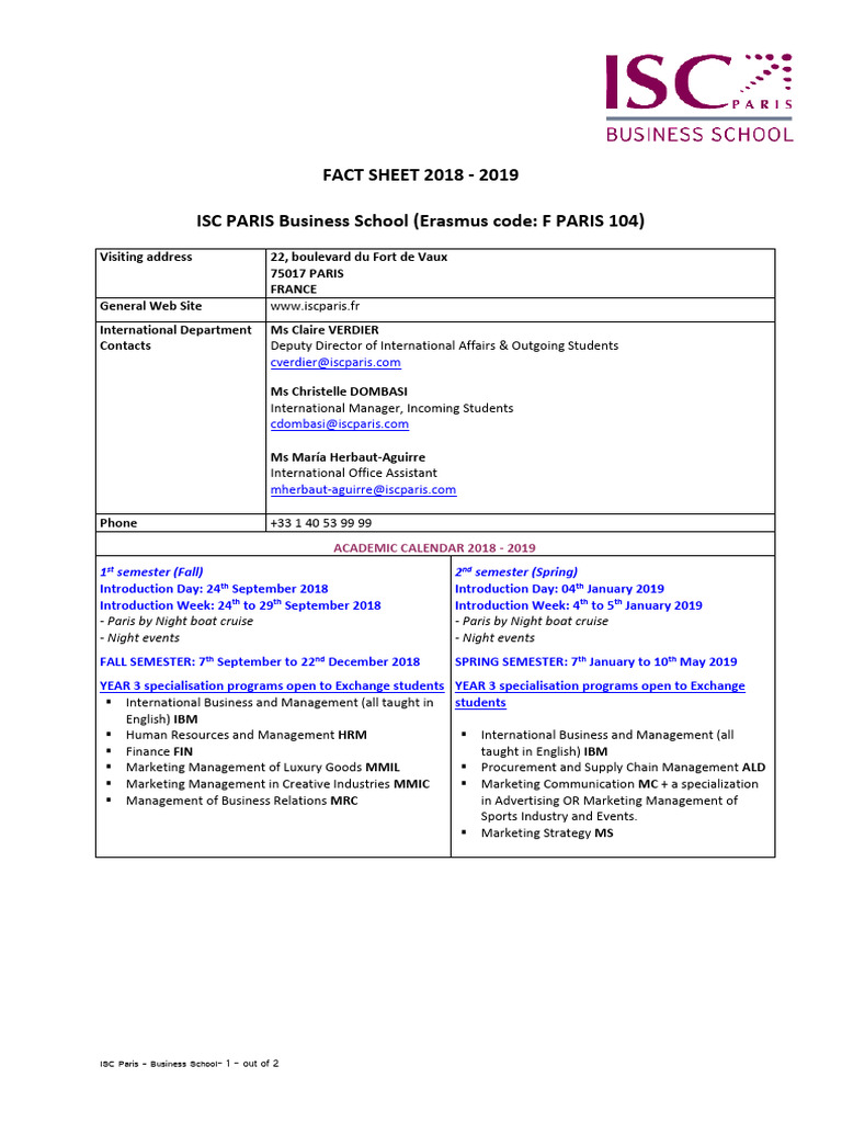 ISC Paris Business School Fact Sheet 2018-2019 | PDF | Academic Term