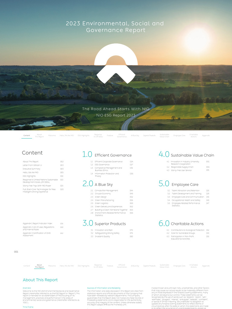 NIO 2023 ESG Report Overview | PDF | Sustainability | Economies