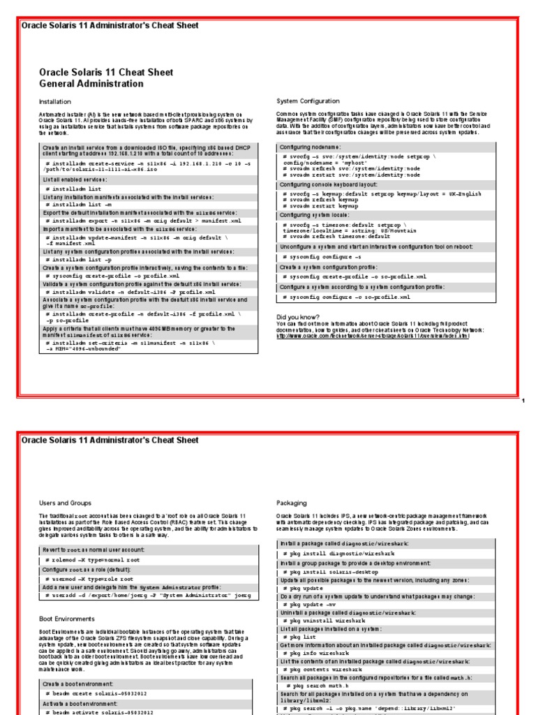 Oracle Solaris 11 Cheat Sheet General Administration