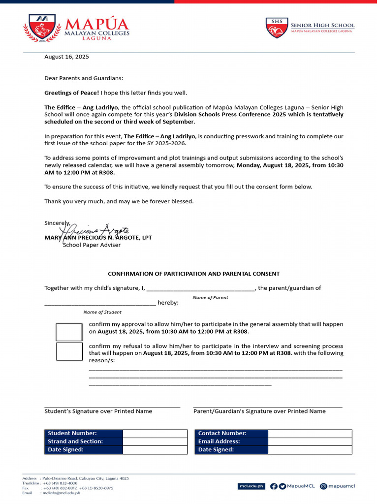 Consent for School Press Assembly | PDF