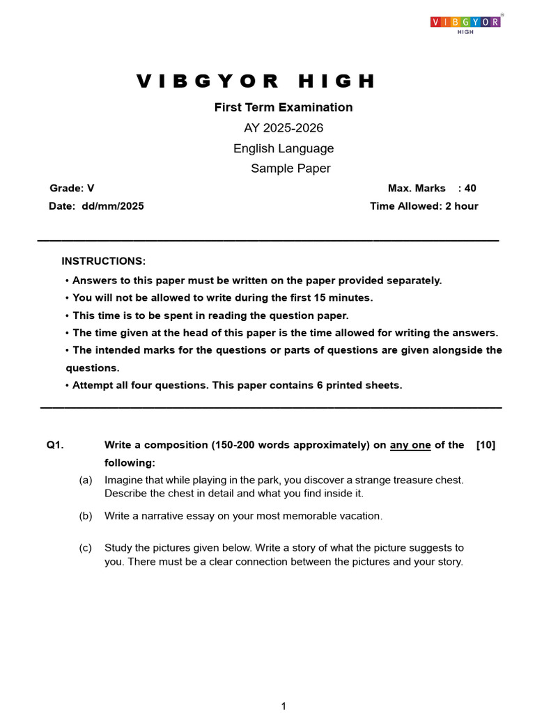 Grade V English Exam Sample Paper | PDF | Noun | Plural