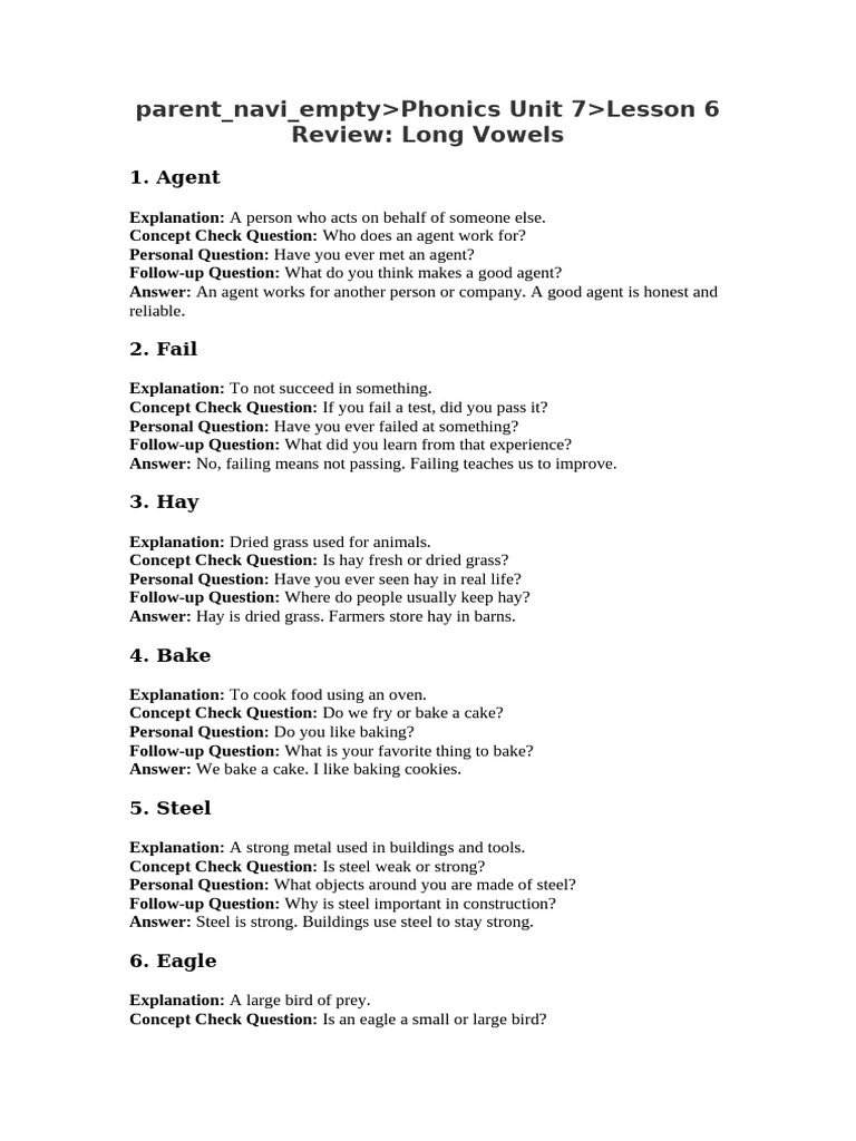 Phonics Unit 7-Lesson 6 Review Long Vowels | PDF | Hay | Chess Theory