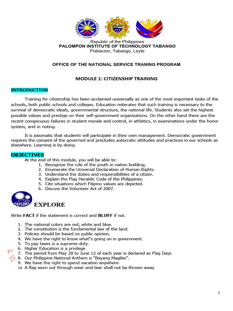 NSTP 1 Lesson 1 Citizenship Training | PDF | Volunteering