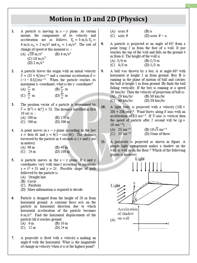 Motion in 1D and 2D Physics Problems | PDF | Acceleration | Velocity