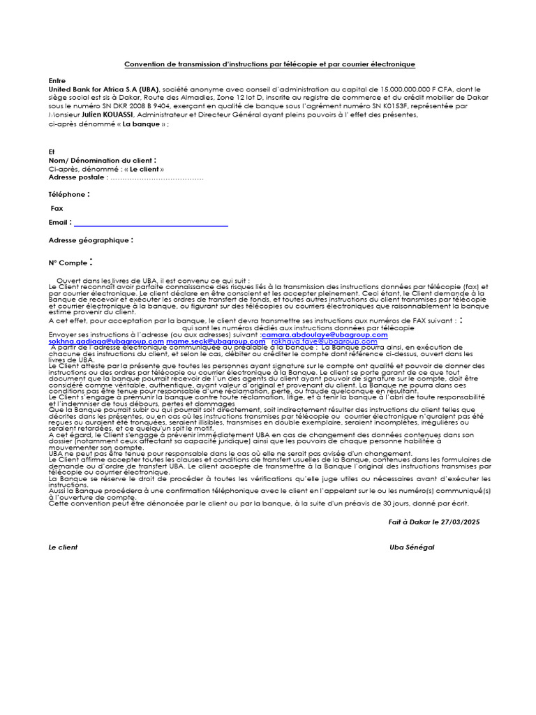 Convention d'instructions par fax et email | PDF | Fax | Banques