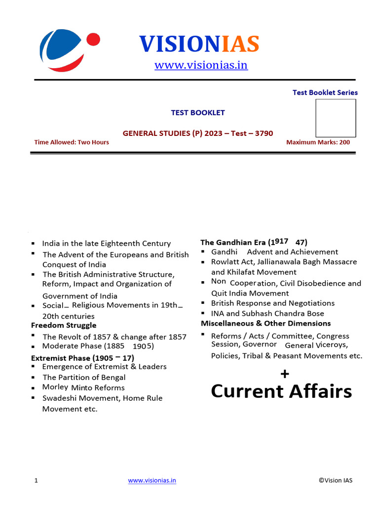 Vision IAS Prelims 2023 Test 6 (E) | PDF | British Raj | Indian ...