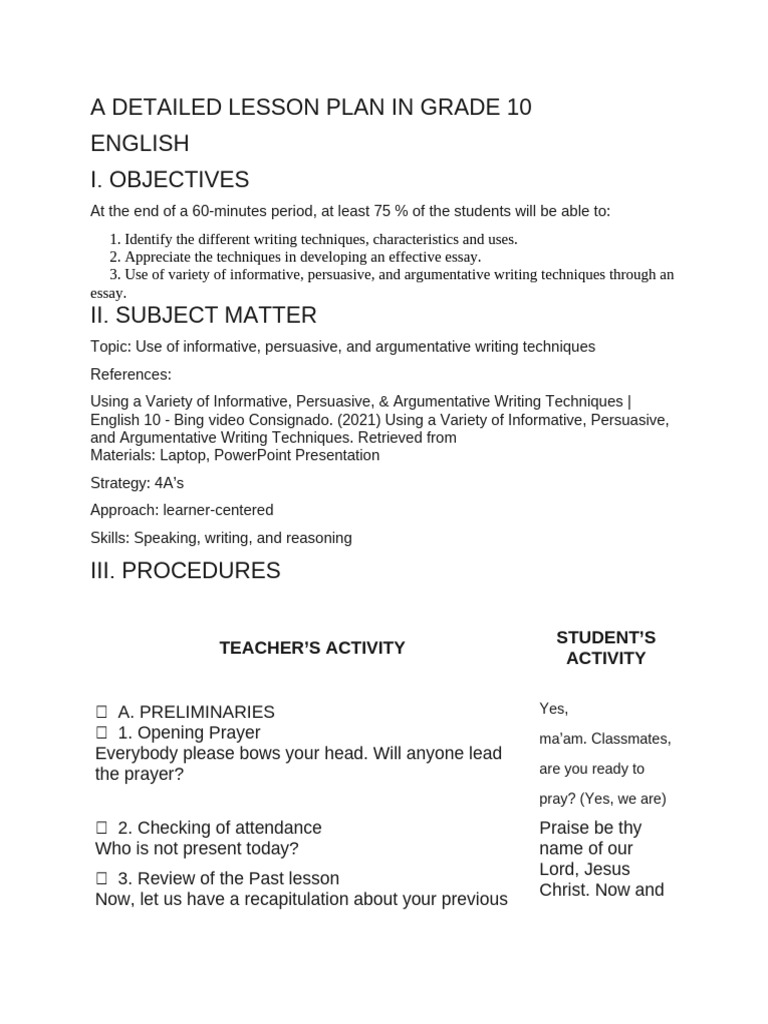 A Detailed Lesson Plan in Grade 10 | PDF | Essays | Argument