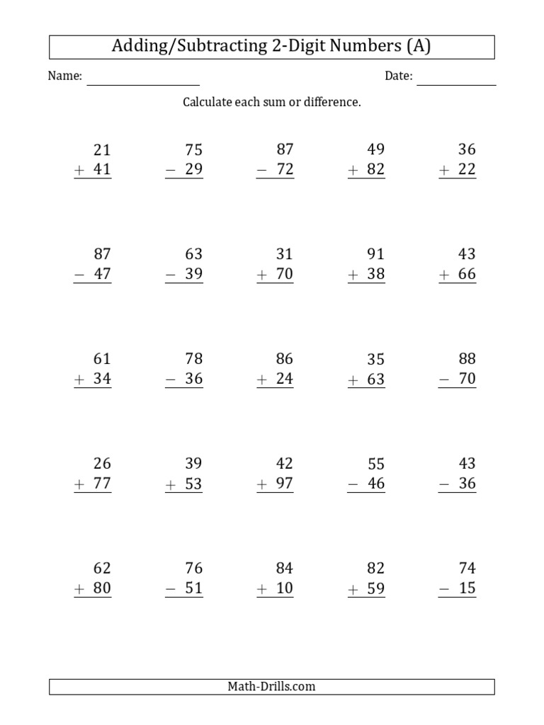 Mixed Operations Worksheet - 2-Digit Plus - Minus 2-Digit Addition and ...
