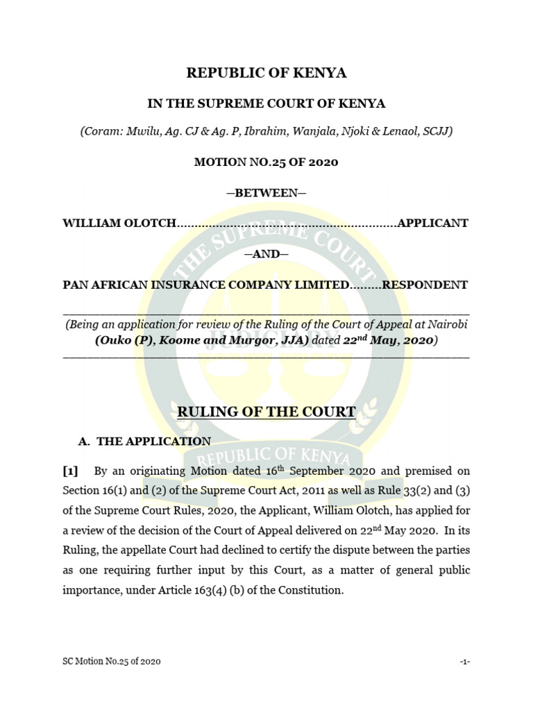 Ruling Motion No. 25.2020 William Olotch Vrs Pan African Insurance ...