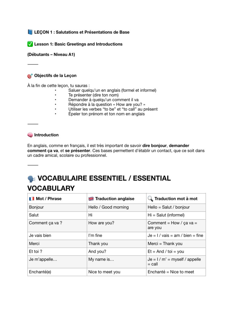 ? LEÇON 1 Salutations Et Présentations de Base | PDF | Linguistique ...