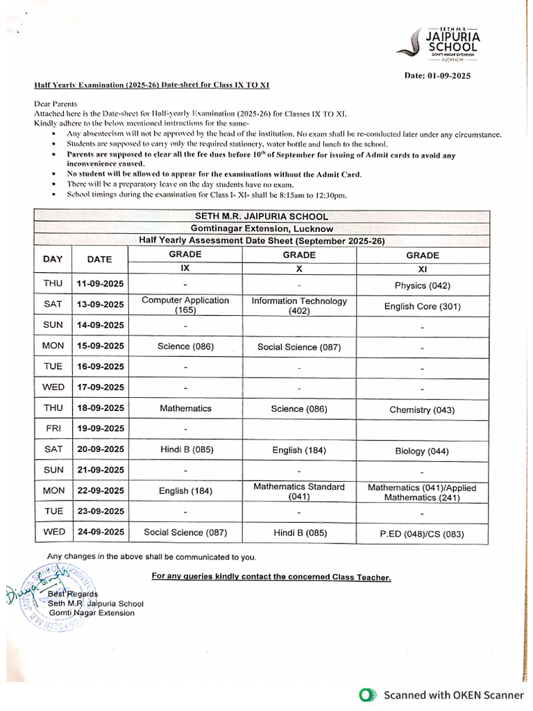 9 To 11 Half Yearly Exam 25-26 Date Sheet | PDF