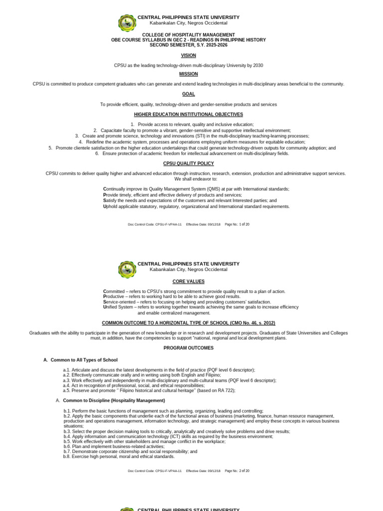CPSU GEC 2 Syllabus: Philippine History | PDF | Learning | Qualitative ...