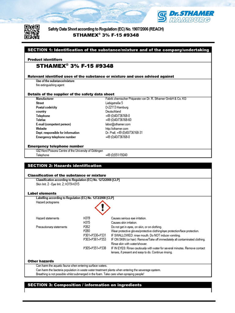 STHAMEX 3% F-15 Safety Data Sheet | PDF | Toxicity | Dangerous Goods