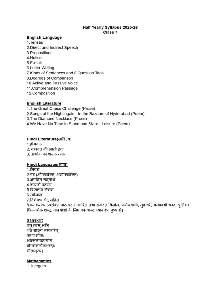 Class 7 Half Yearly Syllabus 2025-26 | PDF