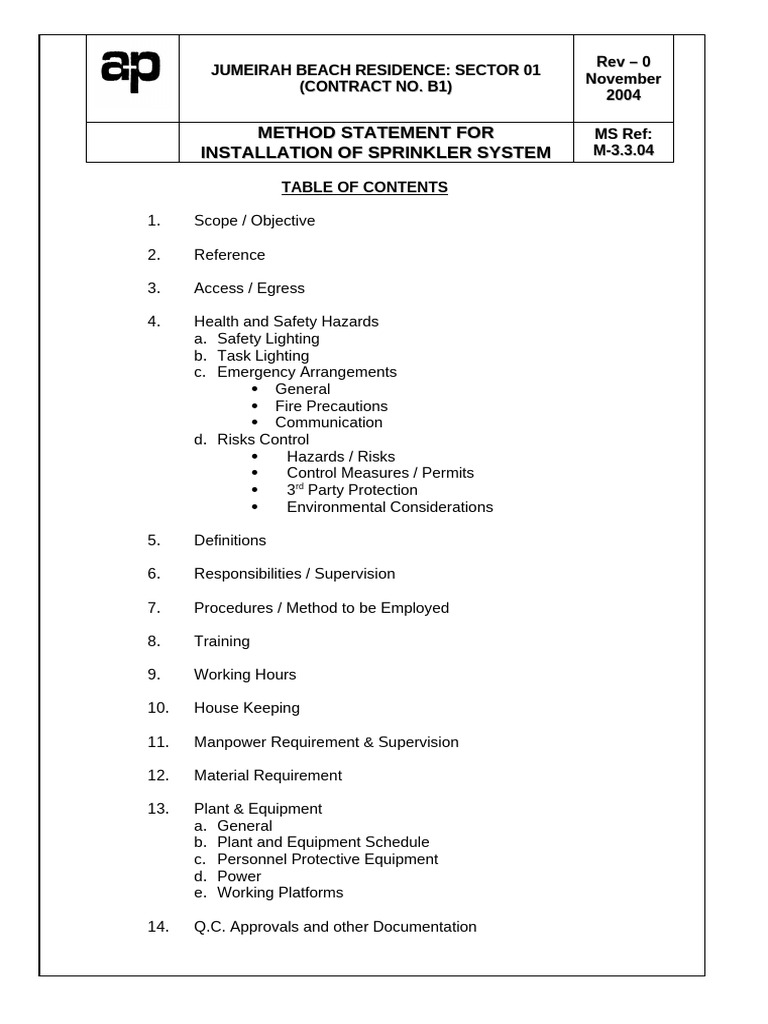 Sprinkler System Installation Method Statement | PDF | Pipe (Fluid ...