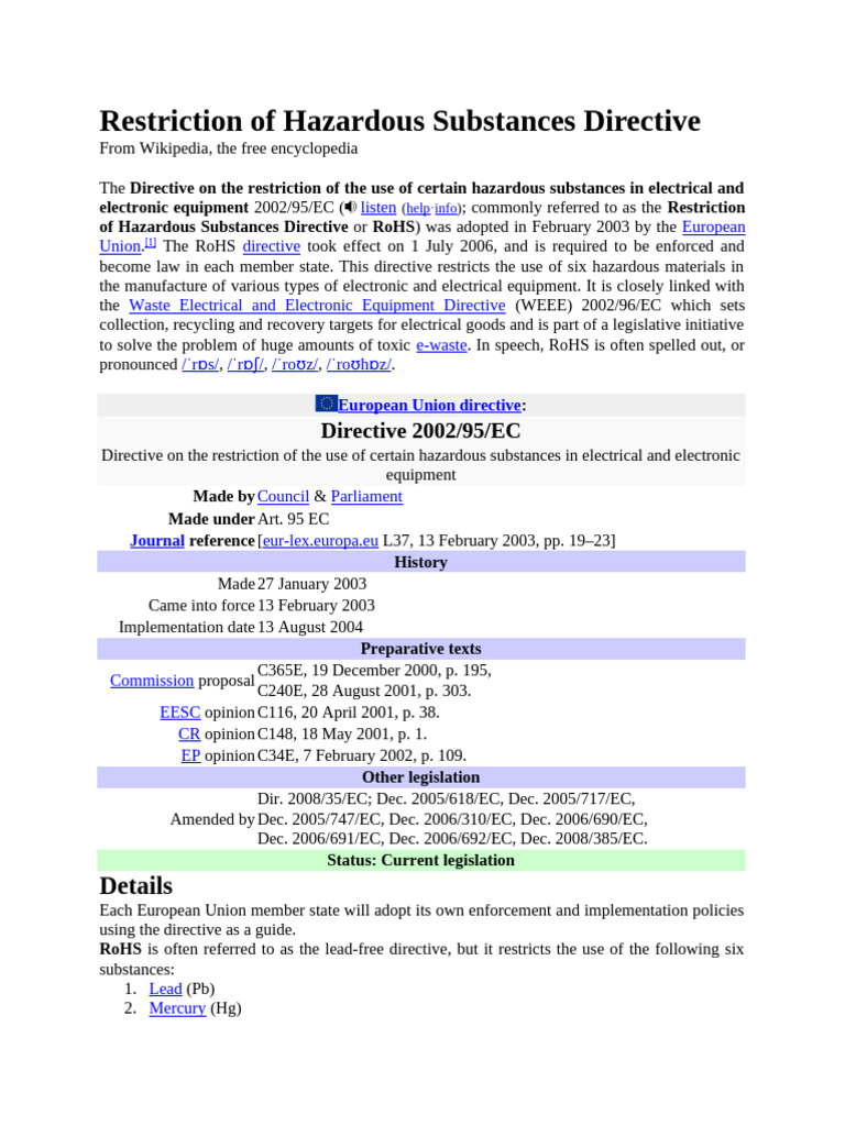 RoHS Directive: EU Hazardous Substance Limits | PDF | Materials